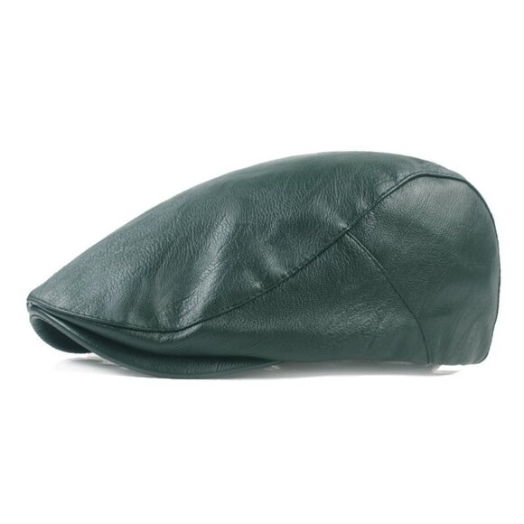 Green Mens Faux Leather Newsboy Ivy Flat Cap Driver Hat Vintage Golf Cabby Style - Picture 1 of 2